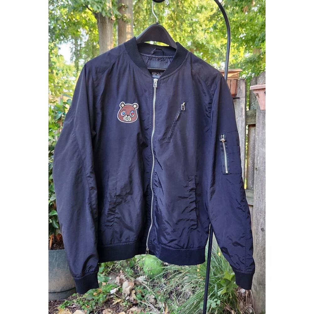 Riflessi Jacket Windbreaker Black Mens Size Large Bomber w/ Bear